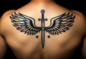 Wings wrapping around surrounding a sword and diamond shaped stars tattoo idea