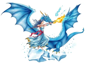 Woman throwing a spear at a blue fire breathing dragon with wings spread and flying over ice tattoo idea