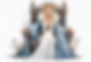 a 40-year-old Viking queen with blonde hair wearing a white fur cloak sitting on a throne with a dove on her shoulder tattoo idea