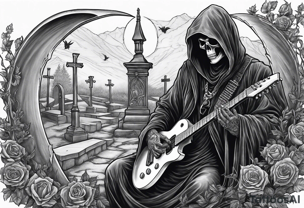 Grim Reaper playing guitar that resembles a scythe
 in a graveyard tattoo idea