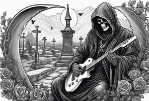 Grim Reaper playing guitar that resembles a scythe
 in a graveyard tattoo idea