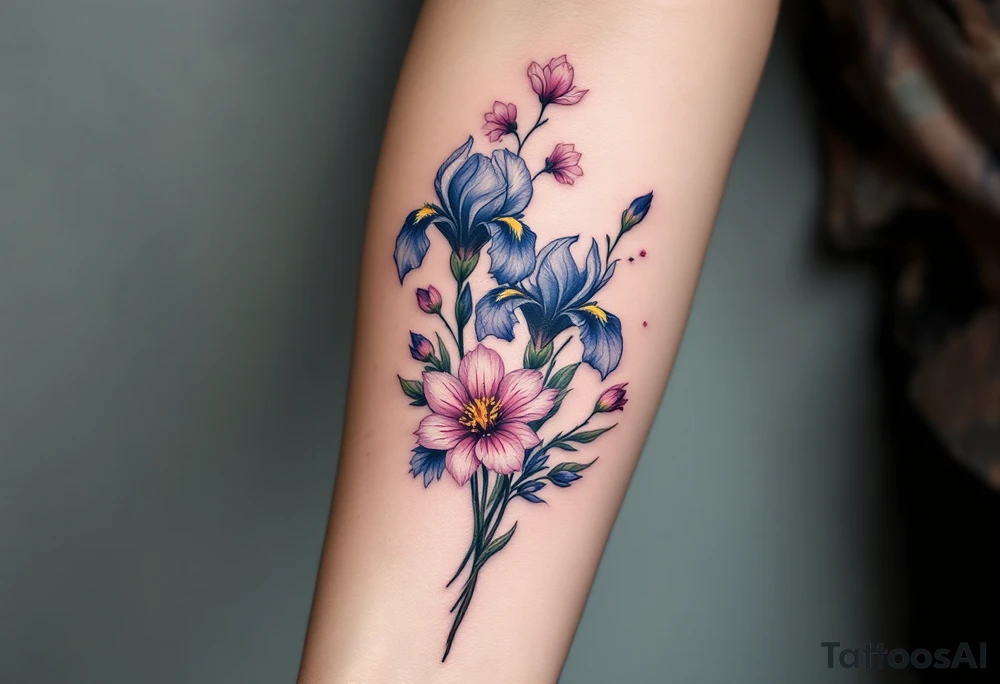 Irises flowers and cherry blossom on a fan tattoo idea