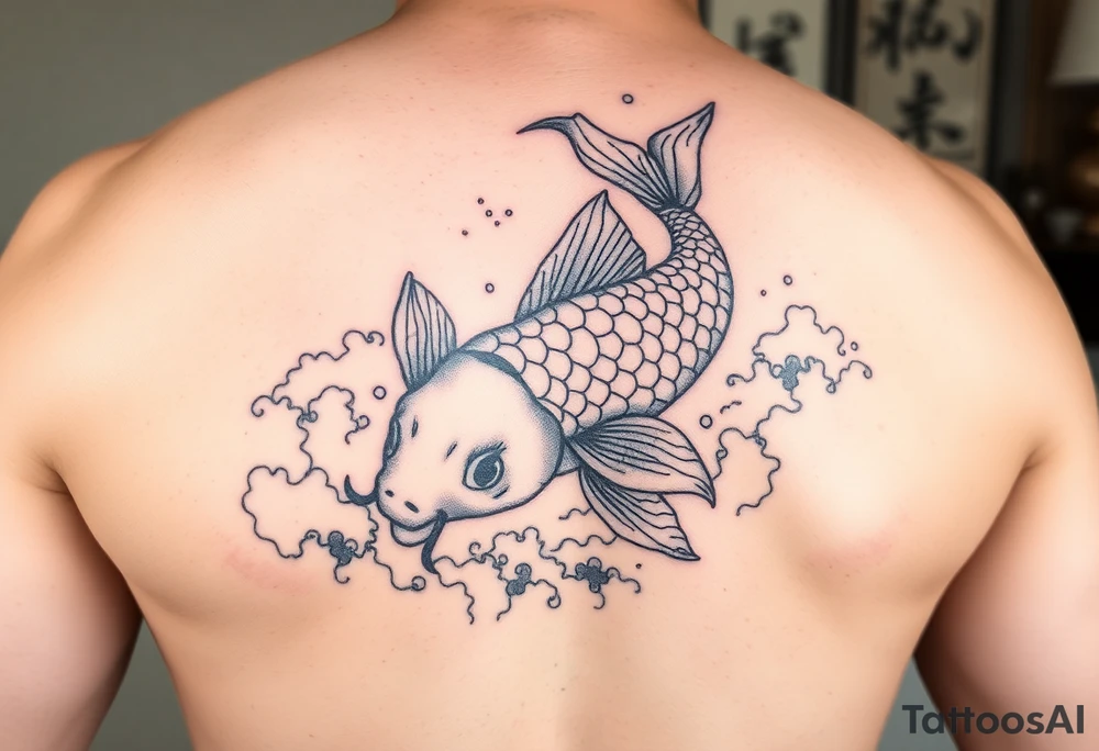 traditional koi fish swimming upstream through turbulent waves tattoo idea