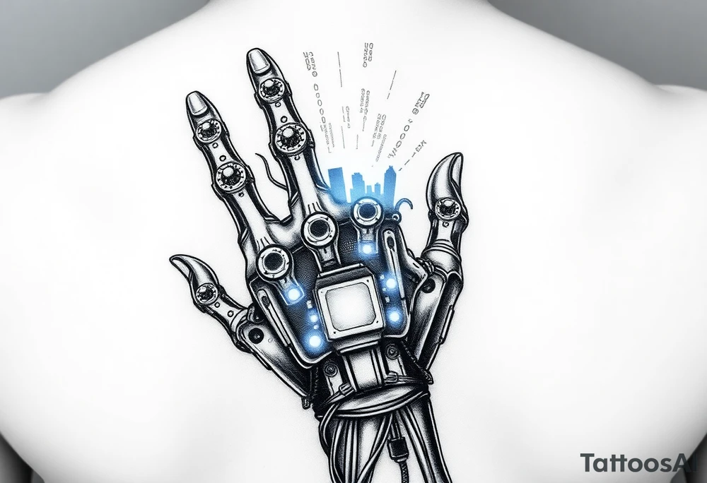 Hacker’s Hand with Glowing Chips and Wires
A mechanical hand with fingers covered in data ports and cybernetic tattoos.
Holographic projections floating from the palm—could be code, a cityscape, or a warning symbol.
Can symbolize hacking, control, or knowledge. tattoo idea