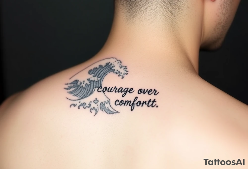Simple  Fine line waves with words courage over comfort within the wave tattoo idea