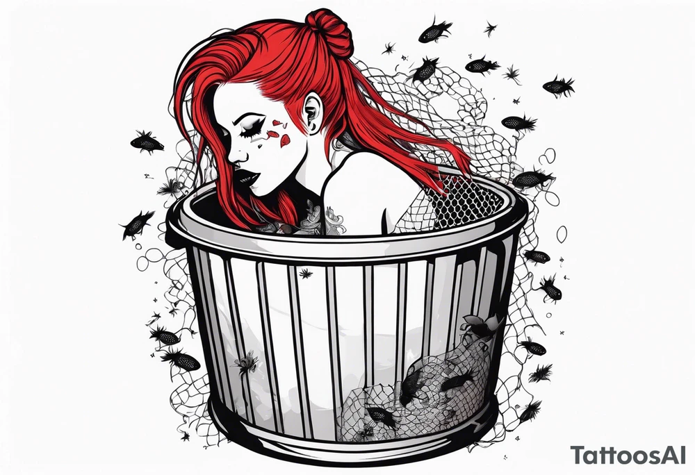 Dead girl with fishnet stockings and red hair with pig tails inside of a trash can with flies buzzing around tattoo idea