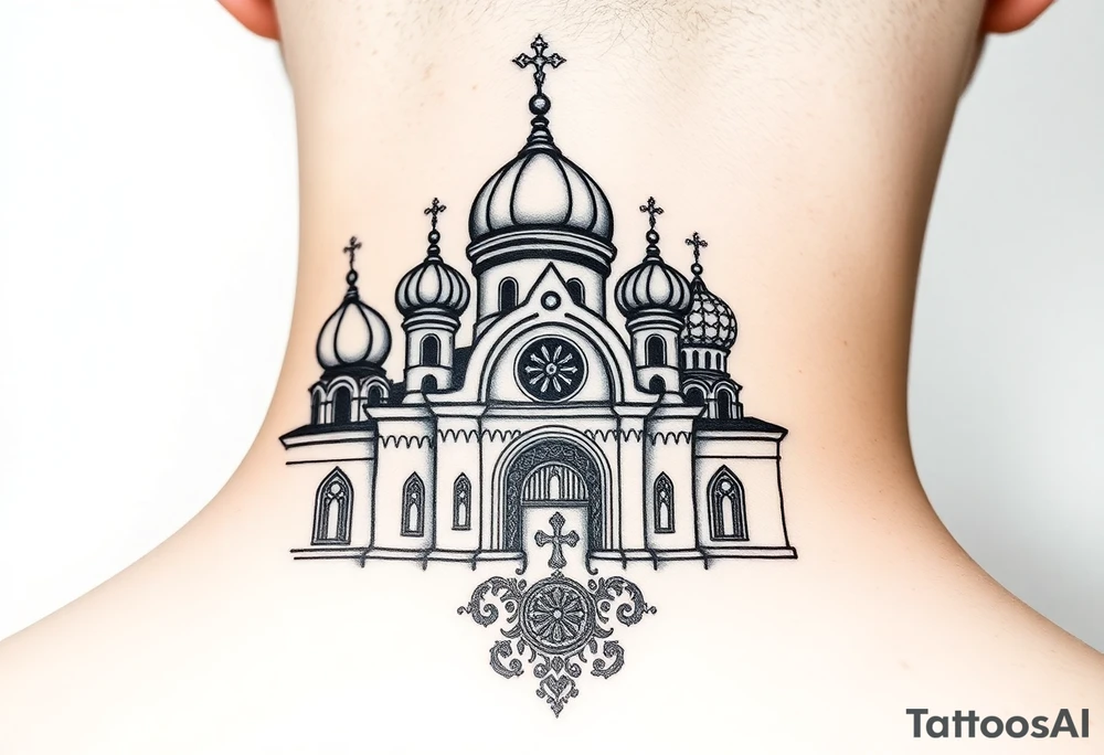 medium sized Russian orthodox church with bulb domes with a prominent russian orthodox mosaic tattoo idea