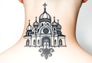 medium sized Russian orthodox church with bulb domes with a prominent russian orthodox mosaic tattoo idea