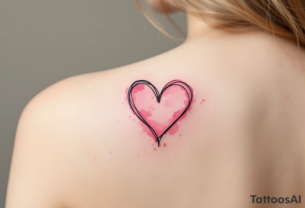 Heart outlines in black ink filled with soft pink watercolor splashes on opposite partners shoulders. tattoo idea