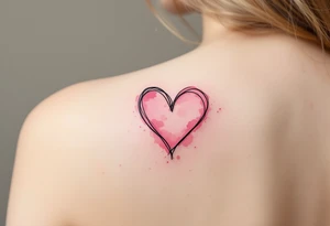 Heart outlines in black ink filled with soft pink watercolor splashes on opposite partners shoulders. tattoo idea