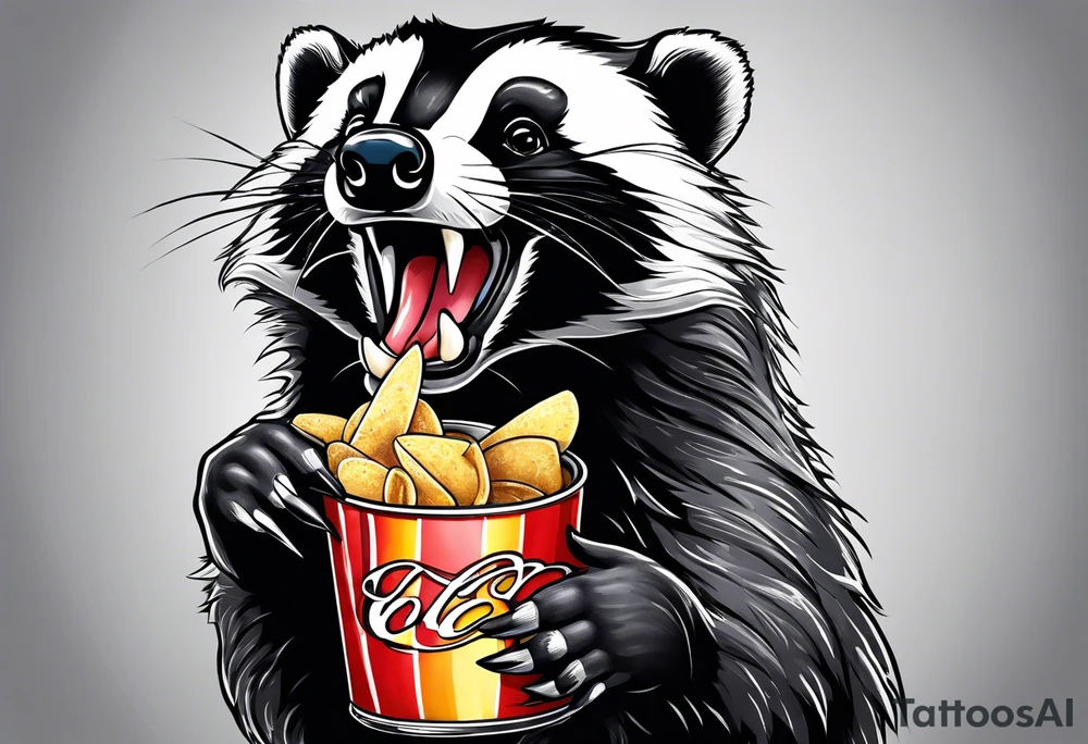 badger with mouth open with soda can and chips tattoo idea