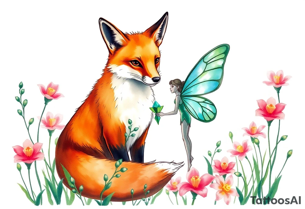 Fox with a fairy standing close to it  holding a emerild jem in a field of lillys tattoo idea