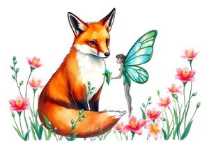 Fox with a fairy standing close to it  holding a emerild jem in a field of lillys tattoo idea