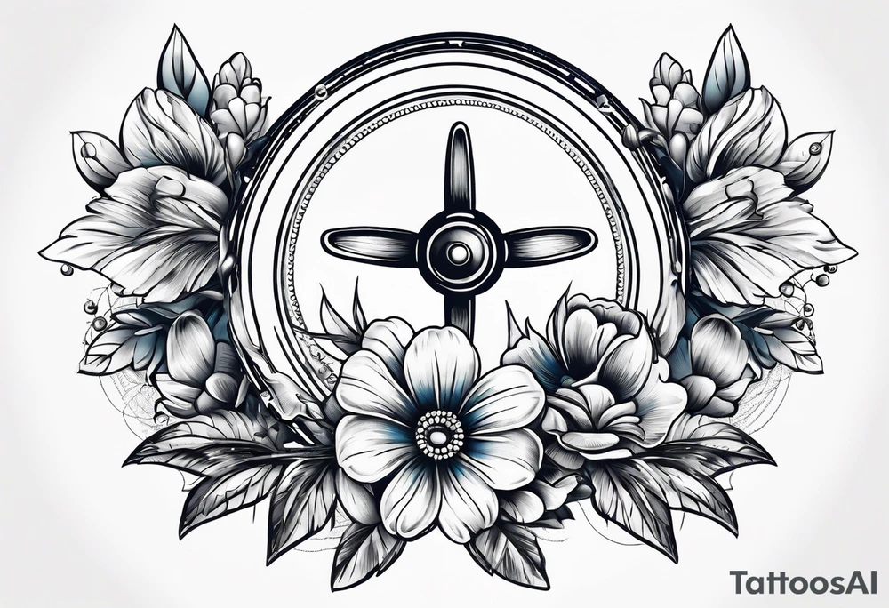 Old School tattoo with blue thristle flowers and a propeller tattoo idea