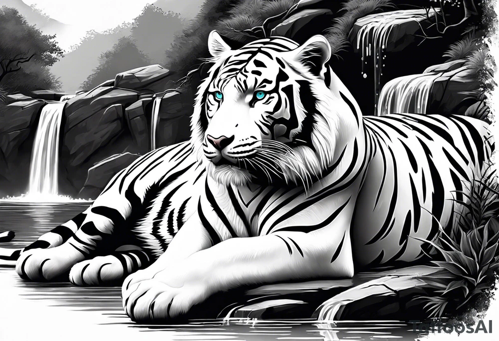 Two white tigers in nature separated by a waterfall tattoo idea