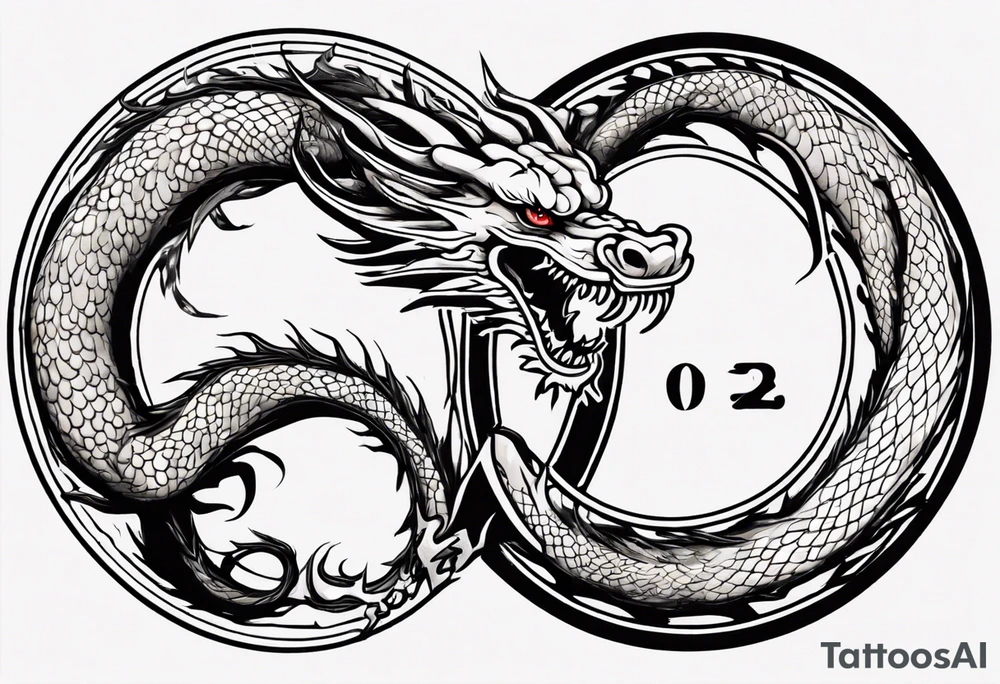 Chinese dragon in a circular shape with "02.03" written on its skin tattoo idea