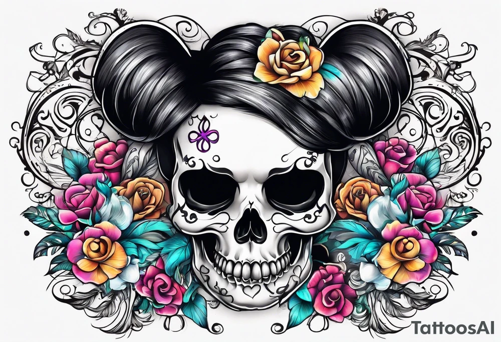 feminine skull and cross bones with hair in two buns tattoo idea