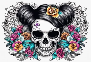 feminine skull and cross bones with hair in two buns tattoo idea