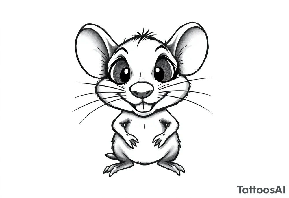 Original tattoo-style illustration:

A rat standing upright

Very large, bulging eyes popping out

A cheeky / mischievous smile

Cartoon style, not baby-like

One black-and-white version + one color version

4 images in total (so you can choose the best one) 
 + this link tattoo idea