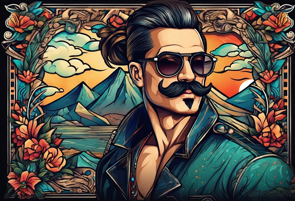 Attractive Male, slim round face, 
mustache, tools, ray-bans, no hair on sides but ponytail on top tattoo idea