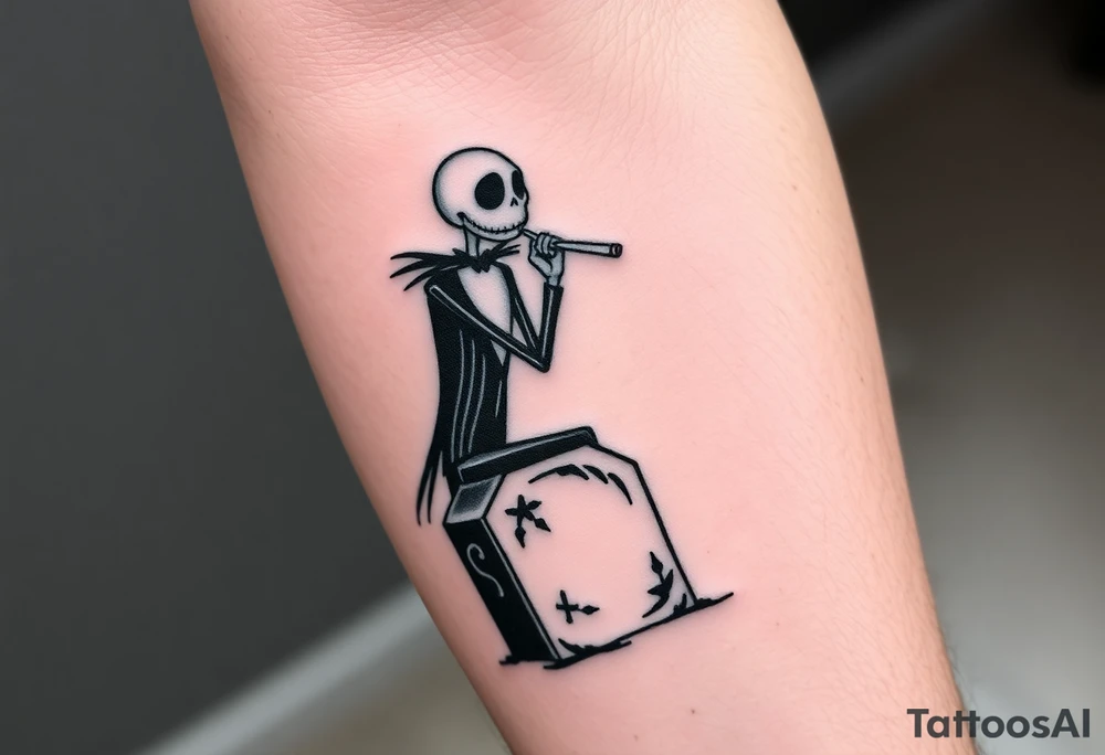 jack skellington sitting on tombstone smoking a blunt, jackolanters, christmas themed tattoo idea