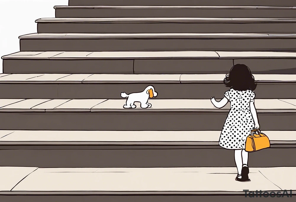 5 year old girl. Facing away and walking up steps which look like large books. The binding of the books being the front of the stairs. The girl has her hair partially up, with a bow securing her hair. She's wearing a puffy a-line, polka dot dress. In one hand, she's holding the arm of a stuffed dog, in the other she hold the hand of someone who's arm slowing disappears. tattoo idea