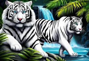 Two tigers: a white tiger and black tiger on opposite sides of a waterfall with an calligraphy ink container at the top and the Bahamas and Jamaica flag on opposite sides. tattoo idea