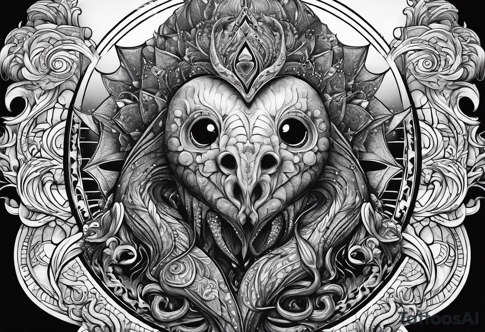 Long sleeve. Lovecraftian creature, protecting a heart. tattoo idea
