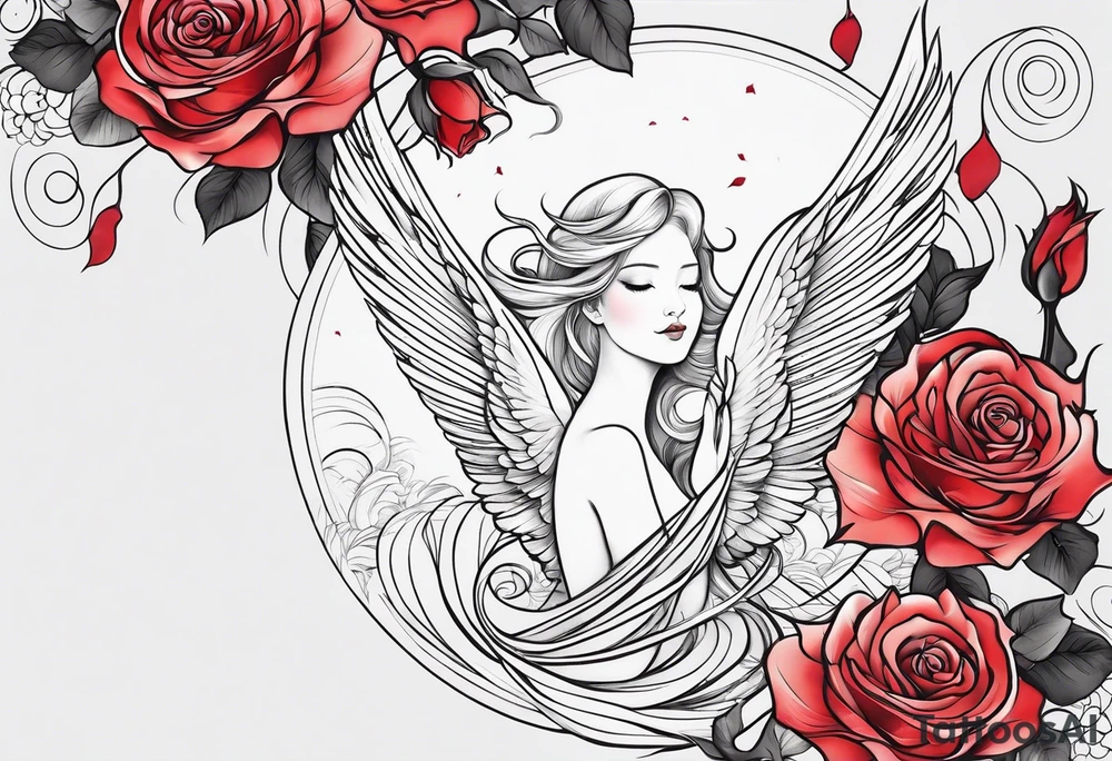 Delicate black lines create a minimalist yet impactful image. The angel could be ethereal, the swan elegantly outlined, and the roses hinted at with subtle shading. tattoo idea