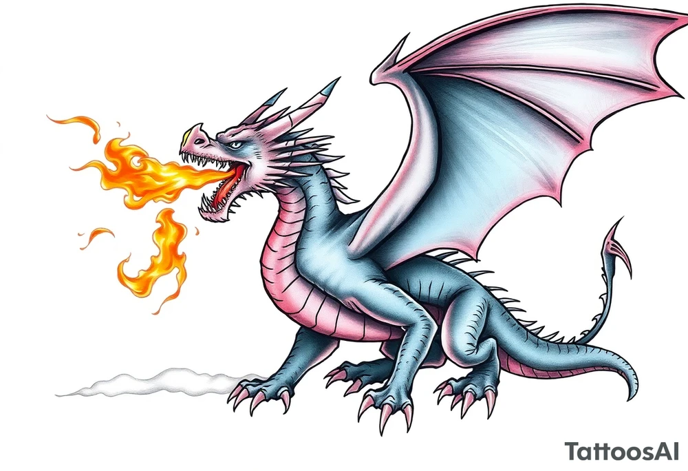 fierce dragon breathing iridescent fire against stormy skies tattoo idea