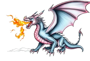 fierce dragon breathing iridescent fire against stormy skies tattoo idea