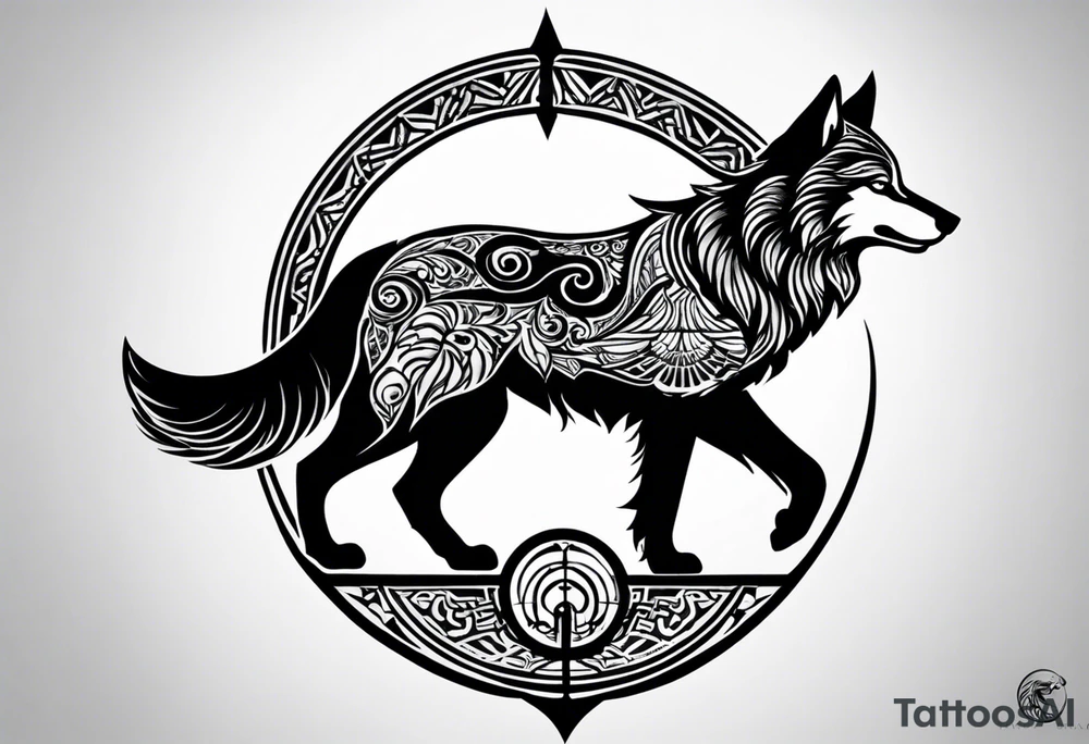 a tattoo whose main theme is balance but also resembles new begining, strong willpower, peace and loyalty. This should be for the front part of the shoulder. maybe add the ying-yang symbol somewhere in the tattoo. Tattoo should have an equal amount of blue and red along with the overall tattoo being black. In corporate a wolf into the tattoo. tattoo idea