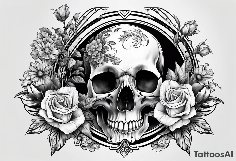 roller coaster track going around human skull, a deer skull, and flowers tattoo idea