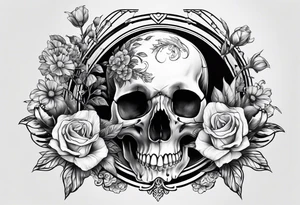 roller coaster track going around human skull, a deer skull, and flowers tattoo idea