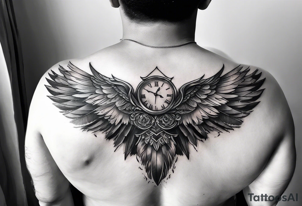 wings tattoo extending from a mens shoulders, covering the upper arms and upper back. The feathers are intricately detailed, with soft shading in black and gray to create depth and texture. tattoo idea
