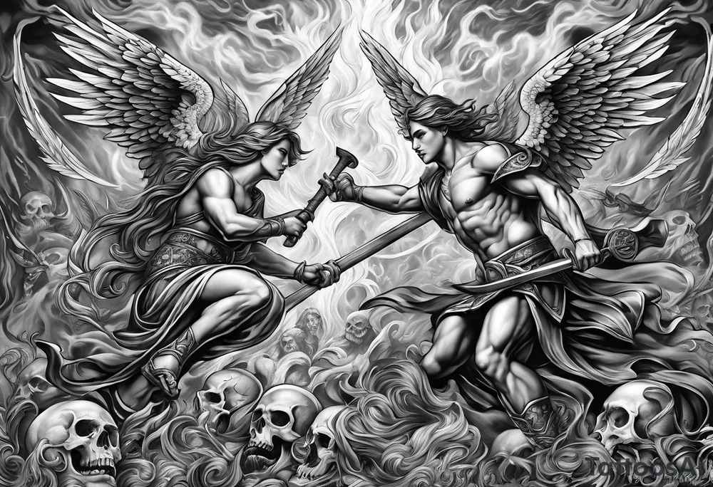 Angels fighting demons over fire with skulls in the background tattoo idea