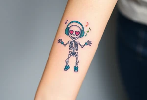 Cute smiley skeleton with heart shape eyes  jumping on a jump rope with both hands blue headphones blue armbands blue sneakers and colorful  music notes around his head tattoo idea