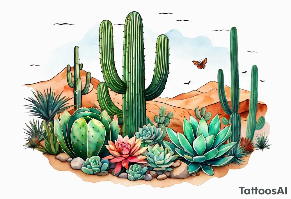 Modern Mexican style desert garden with cactus and small succulents add tiny moth flying tattoo idea