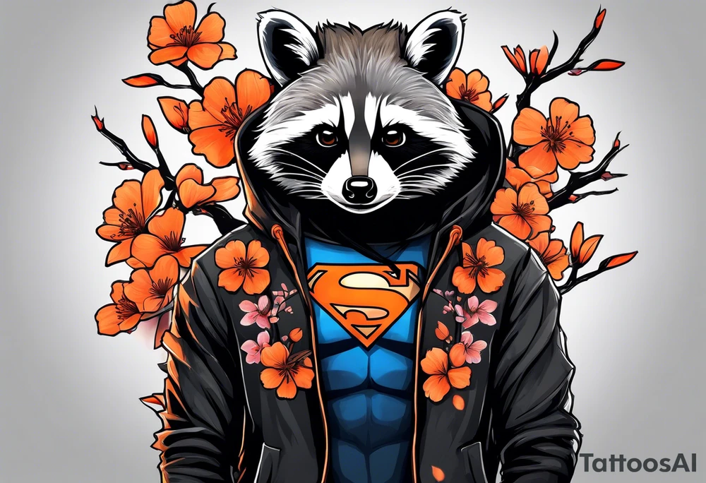 Raccoon wearing a white Superman logo on a black hoodie and orange Japanese cherry blossoms tattoo idea