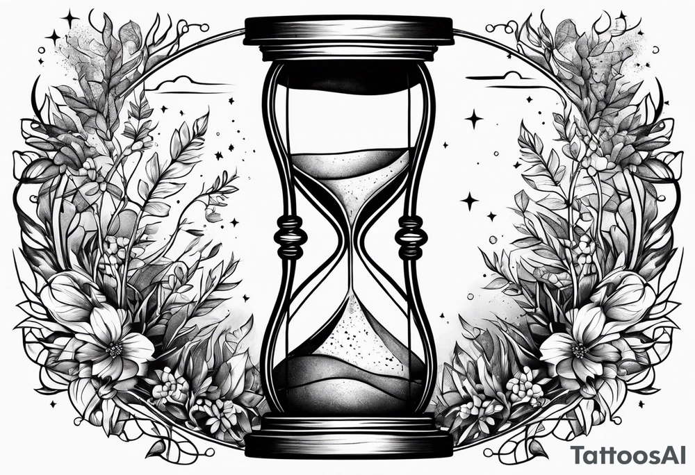 hourglass with vegetation, stars and hydrogen atoms tattoo idea