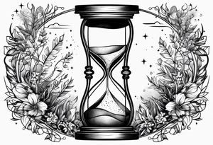 hourglass with vegetation, stars and hydrogen atoms tattoo idea