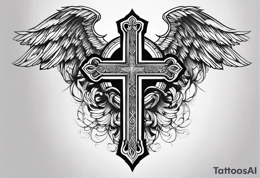 angel wings tattoo with a cross and the letters DJ in it tattoo idea