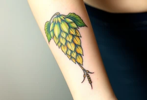 A detailed hop cone with deep green and golden hues, wrapped in barley stalks, symbolizing the essence of brewing tattoo idea