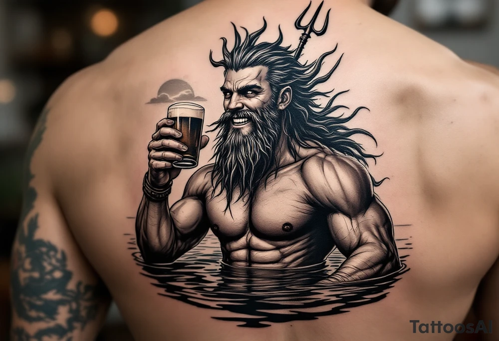 young, smiling, fit poseidon in calm water, holding a trident, drinking a beer, with sunset tattoo idea