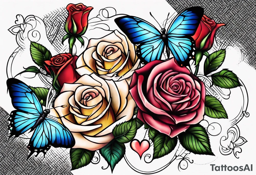 Roses with butterflies and hearts tattoo idea