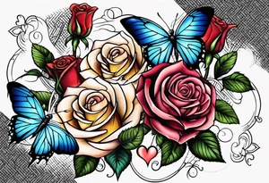 Roses with butterflies and hearts tattoo idea