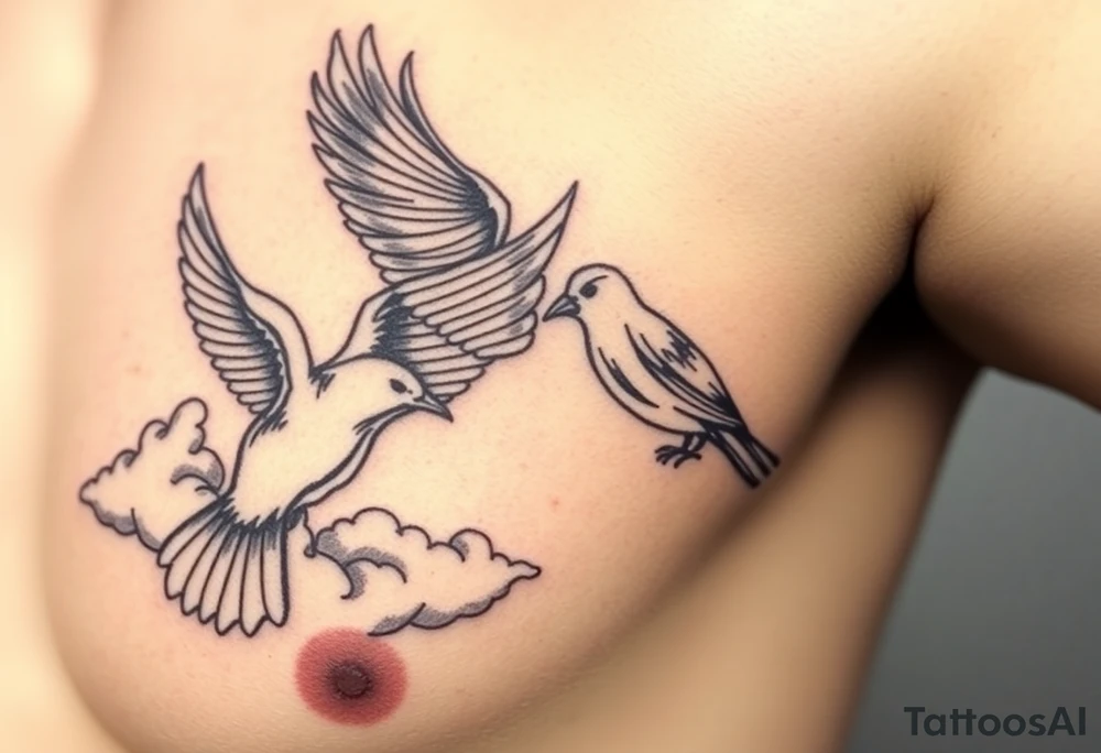 Dove and a blue jay, clouds, shining light to or from heaven tattoo idea