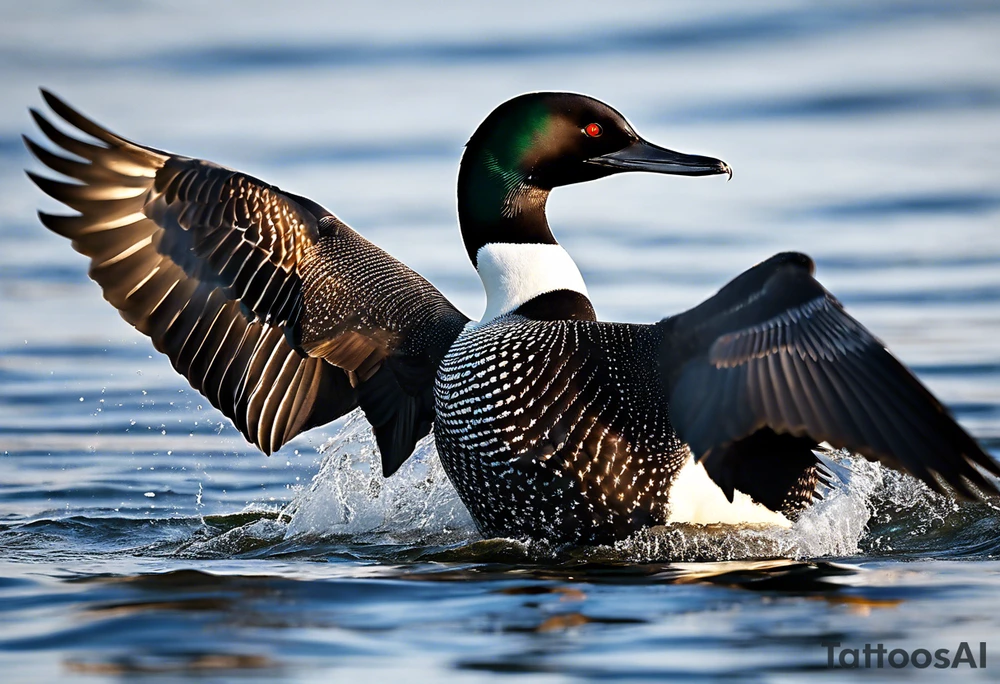 A North American common loon looking majestic as it spreads its wings in the water. On the mid-upper thigh. Don’t have a background. Make sure it is just the loon. The image should be face directly at the loon’s chest. The image should be tall and narrow tattoo idea