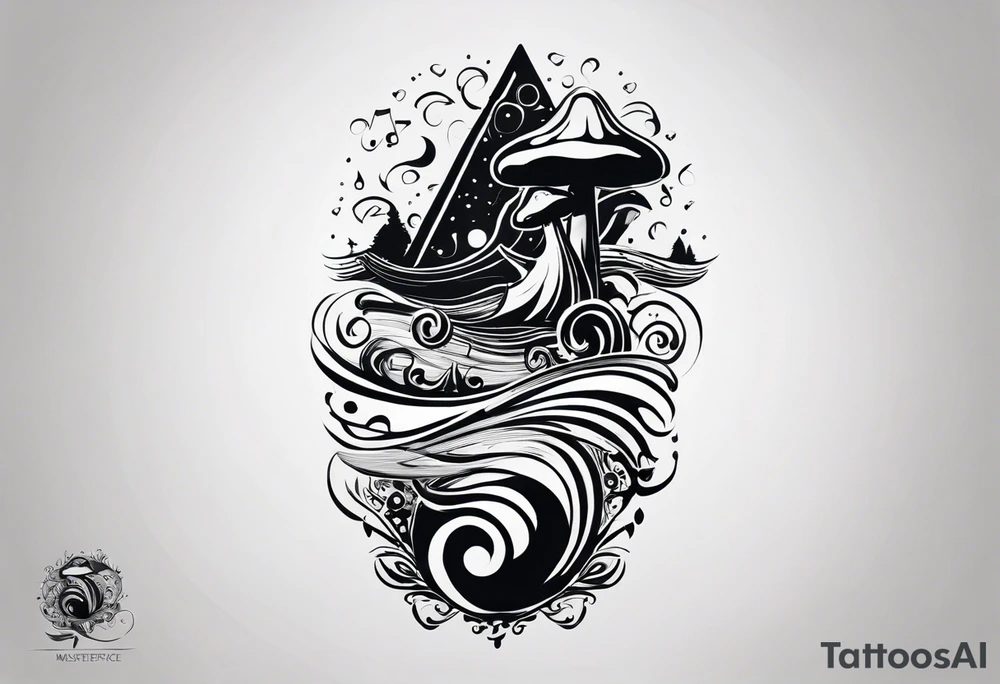 lots of empty space with simple line of icons down the back of the arm. there are four icons in this order:

1. a music note on a staff
2. a wave of water
3. a pocket
4. mushroom tattoo idea