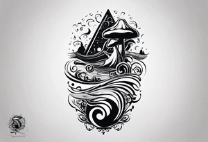 lots of empty space with simple line of icons down the back of the arm. there are four icons in this order:

1. a music note on a staff
2. a wave of water
3. a pocket
4. mushroom tattoo idea
